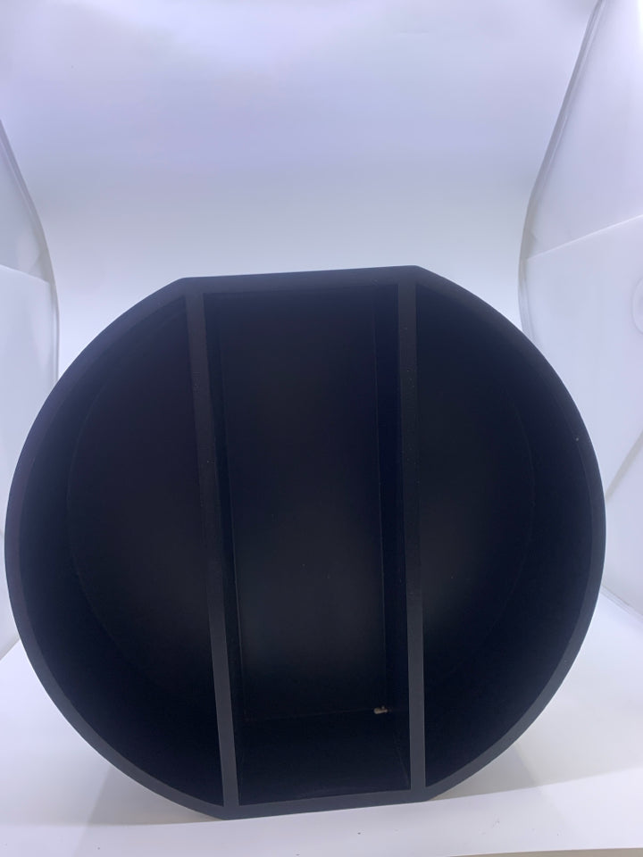 BLACK CIRCLE WALL SHELF W/ 2 CRESCENT MOONS.
