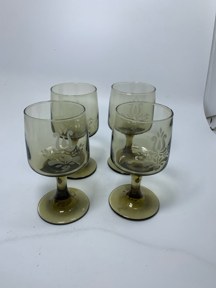 4 LIBBEY "VILLAGE" SMOKEY BROWN CORDIAL GLASSES.
