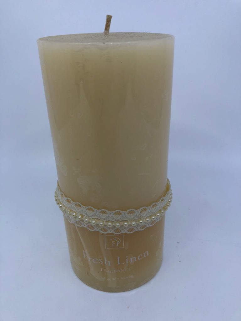 FRESH LINEN PILLAR CANDLE.