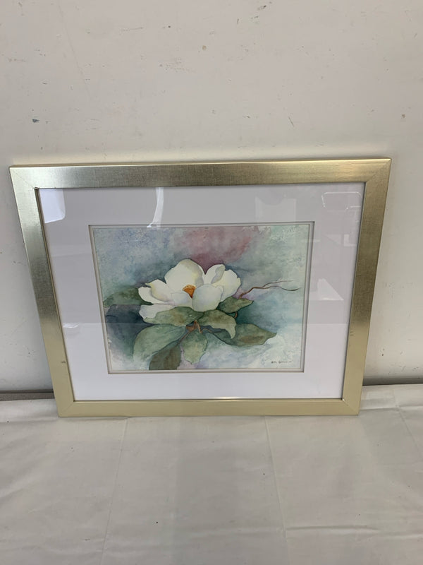 WHITE MAGNOLIA FLOWER WATER COLOR FRAMED PRINT.