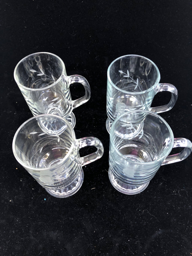 4 PRINCESS HOUSE ETCHED IRISH COFFEE MUGS.