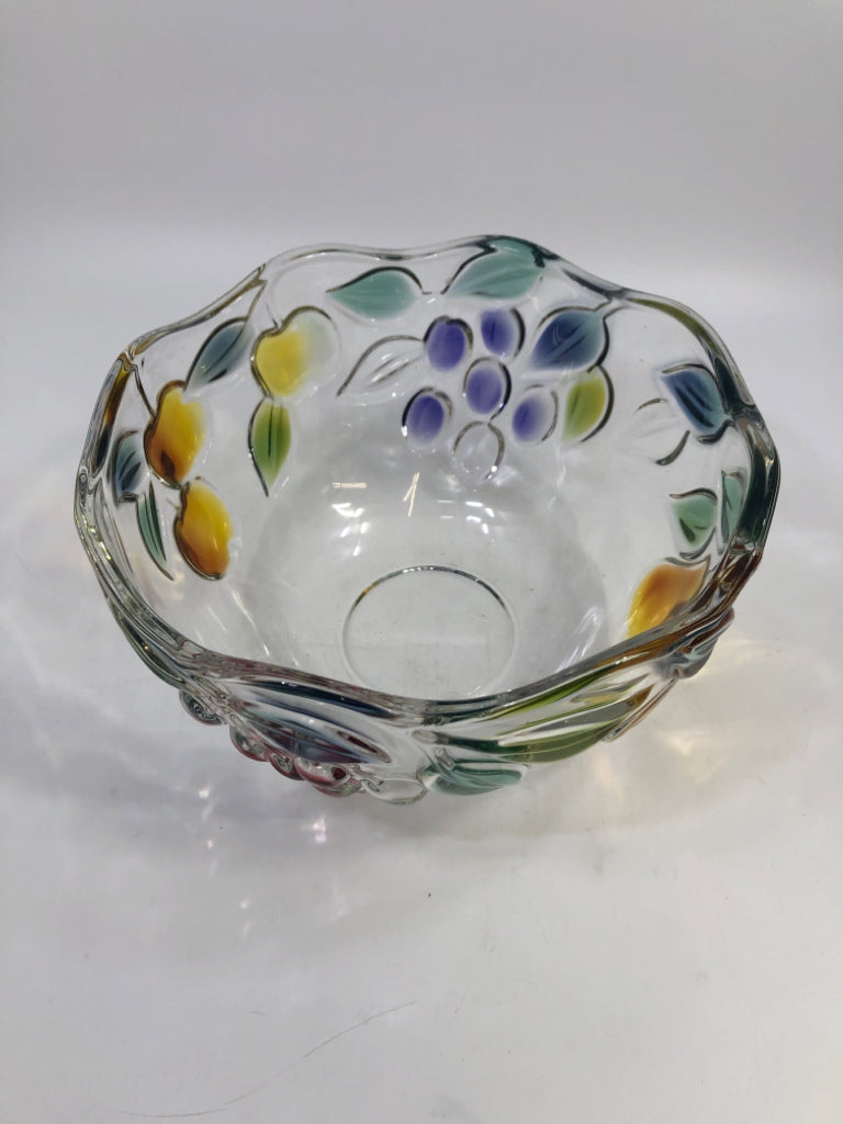 GLASS WAVY CUT BOWL W/ COLORED GLASS FRUIT.