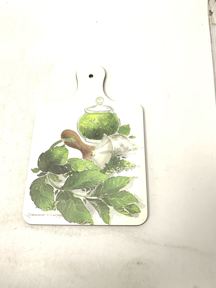 SMALL WHITE CUTTING BOARDS W/ HERBS & JAR.