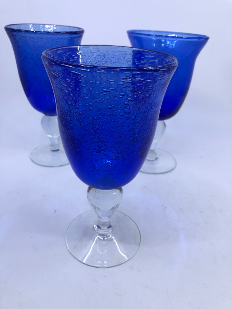 6 BLUE GLASS WINE GOBLETS.