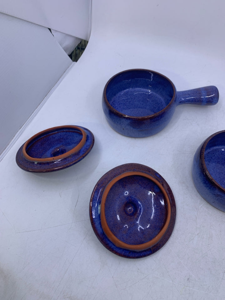 2 BLUE/PURPLE TERRA COTTA FRENCH ONION SOUP CROCKS W/ LIDS RIMS UNEVEN.