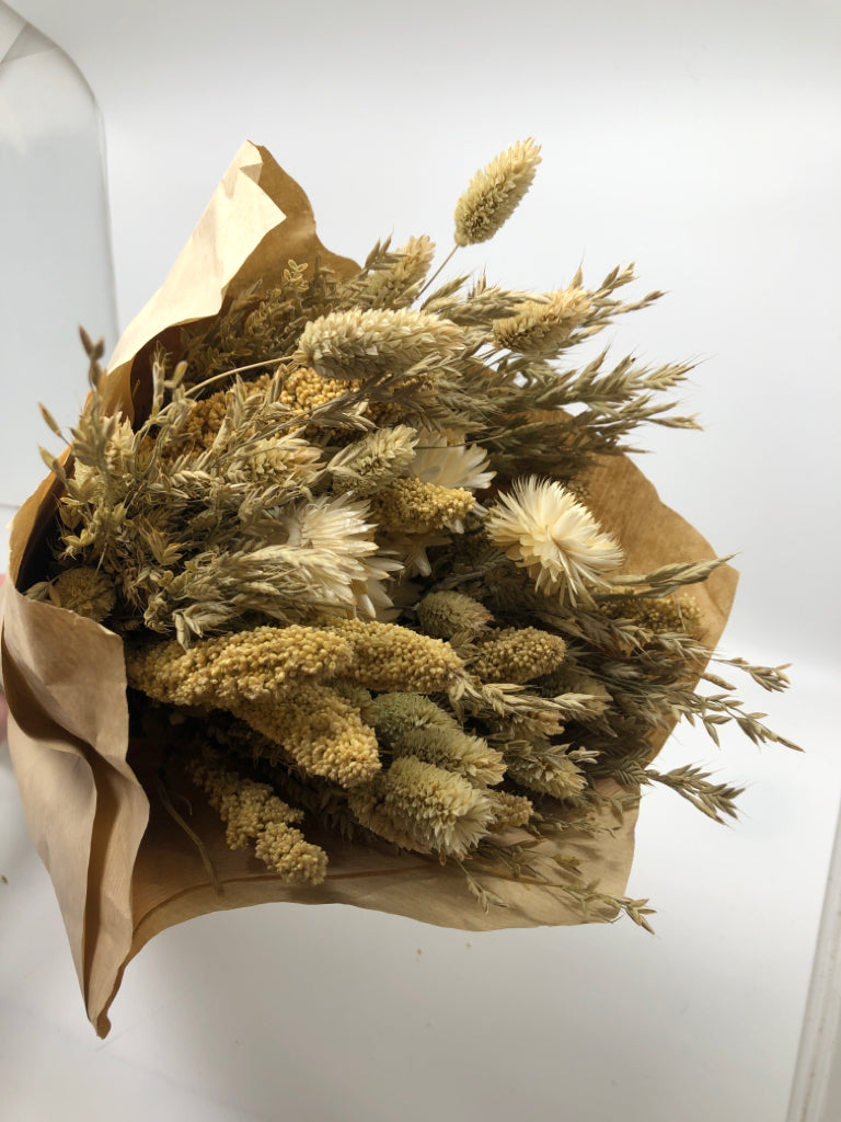 FAUX TAN WILDFLOWER BOUQUET WRAPPED IN PAPER.