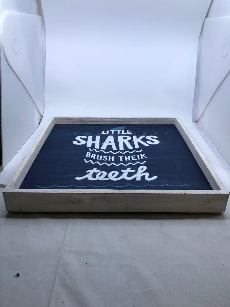 LITTLE SHARKS BRUSH THEIR TEETH WALL ART.