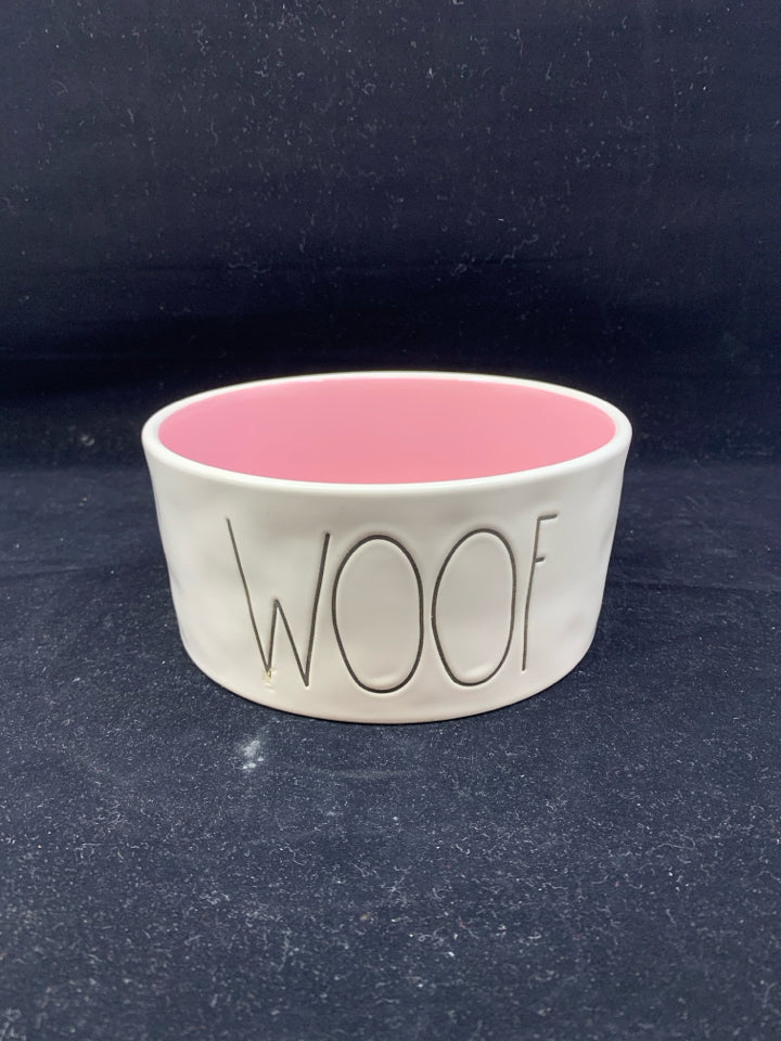 RAE DUNN "WOOF" W/ PINK INSIDE DOG WATER BOWL.