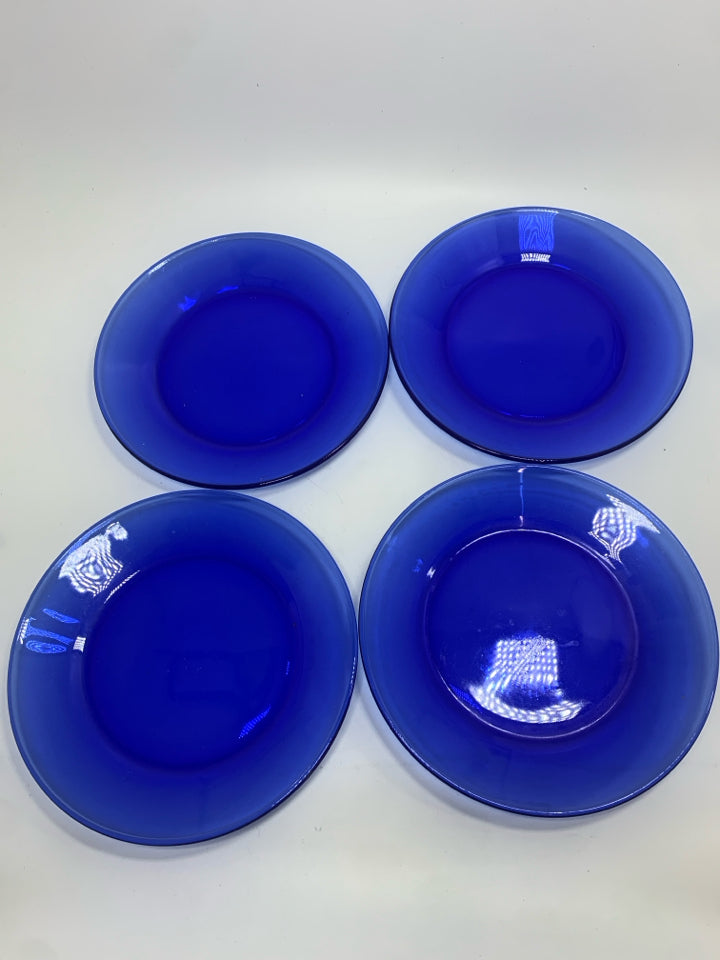 4 COBALT BLUE LUNCH PLATES.