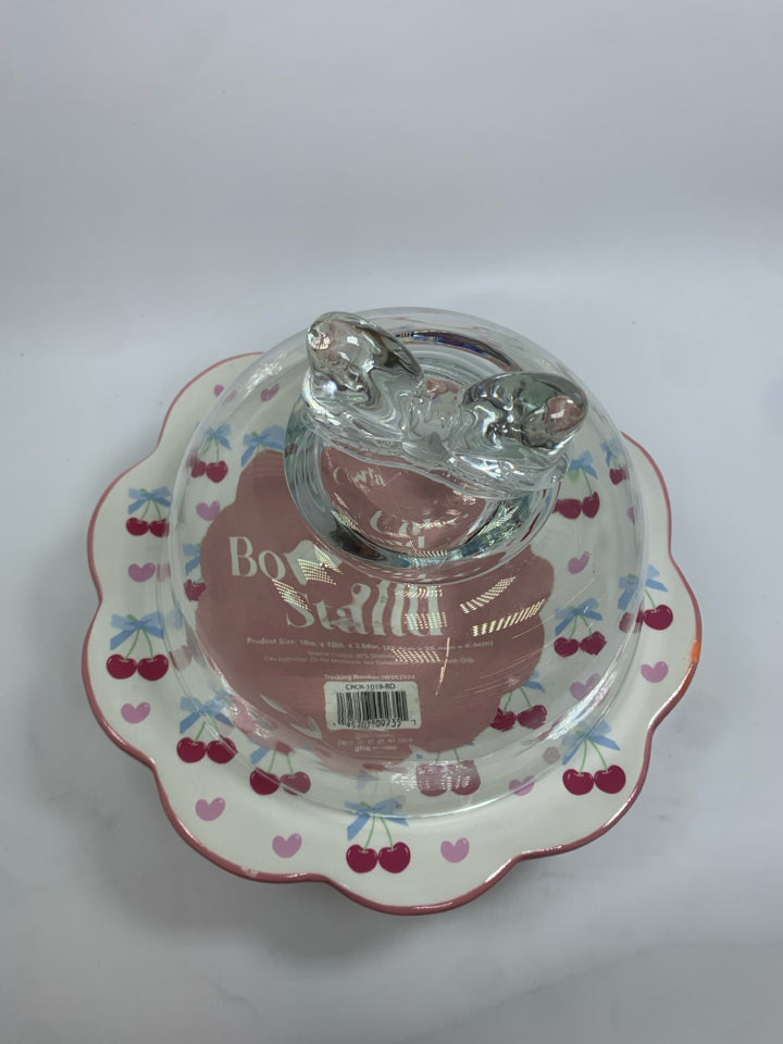 PINK BOW CERAMIC CAKE STAND W/GLASS DOME.