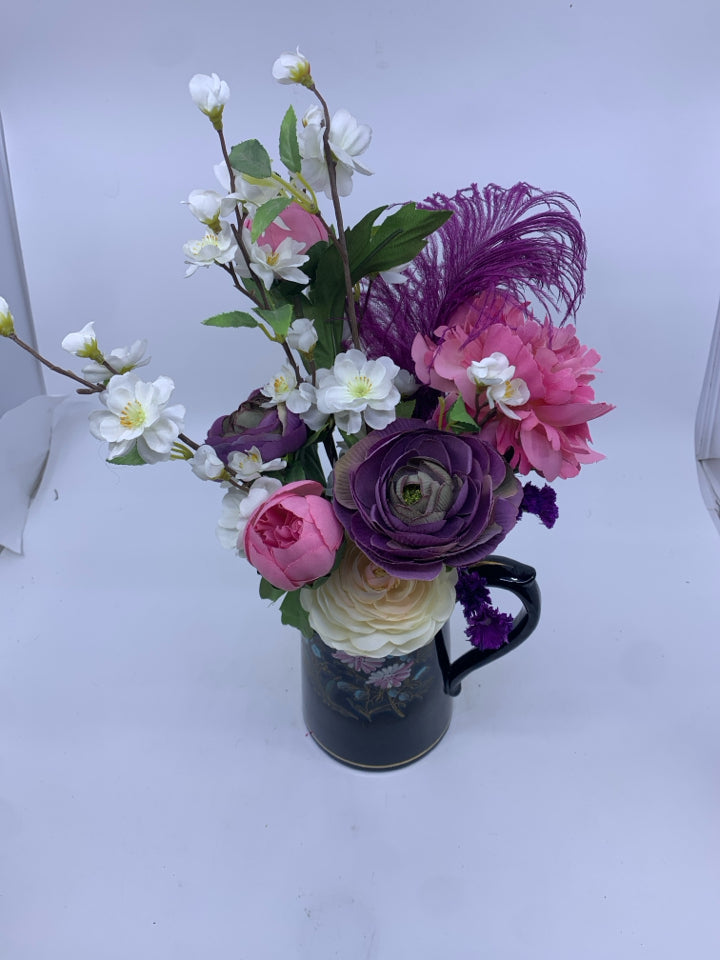 PURPLE, PINK, WHITE BOUQUET IN VTG PITCHER- ENGLAND.