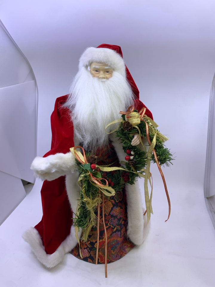 VTG RED SANTA CLAUS HOLDING HOLLY & GOLD GARLAND.