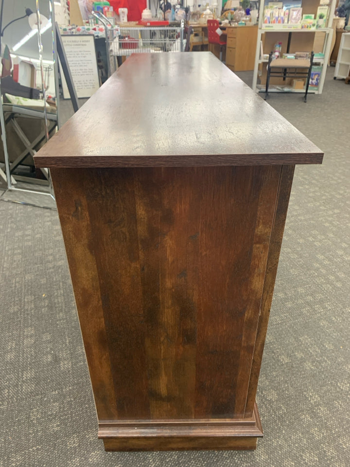 DARK WOOD ENTERTAINMENT CENTER W/2 DRAWERS & 2 OPEN SHELVES.