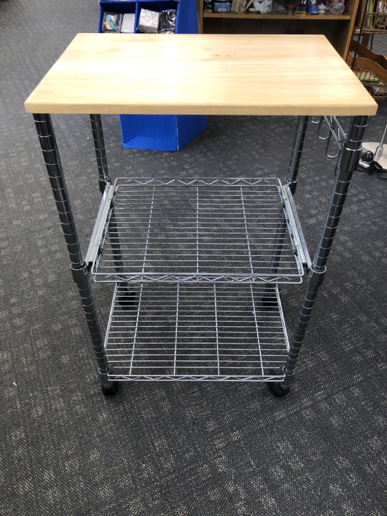 METAL BASE ROLLING CART W/ PULL OUT DRAWER W/ REMOVABLE WOOD TOP.