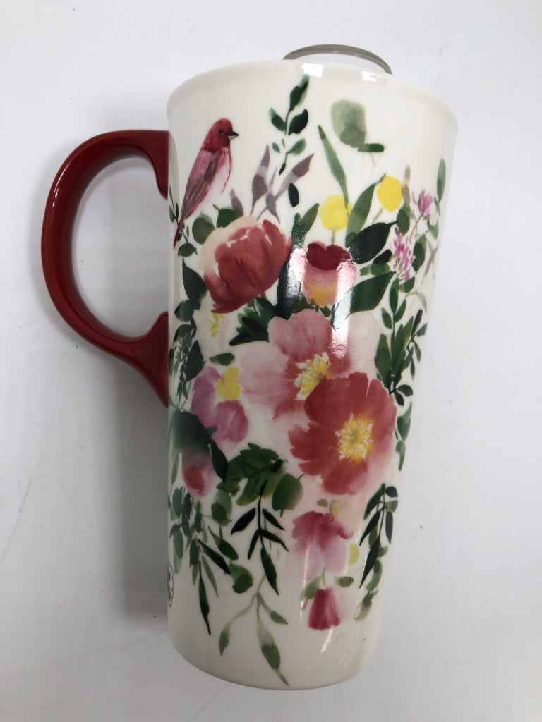 FLORAL BIRD MUG W/LID.