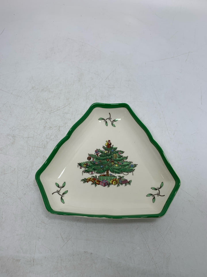 VTG SPODE CHRISTMAS TREE TRIANGLE TRINKET BOWL PORCELAIN.