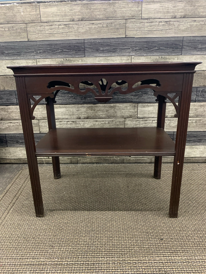 VTG DARK WOOD TABLE W BOTTOM STORAGE.