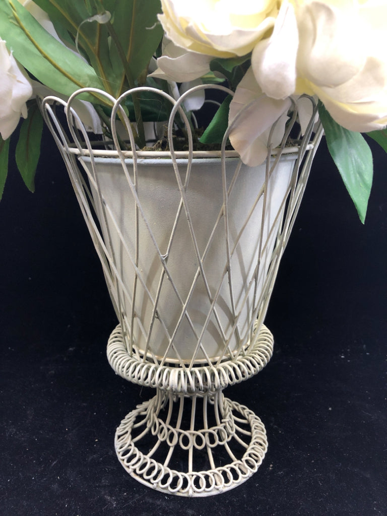 CREAM METAL FOOTED PLANTER W FAUX WHITE FLORAL.