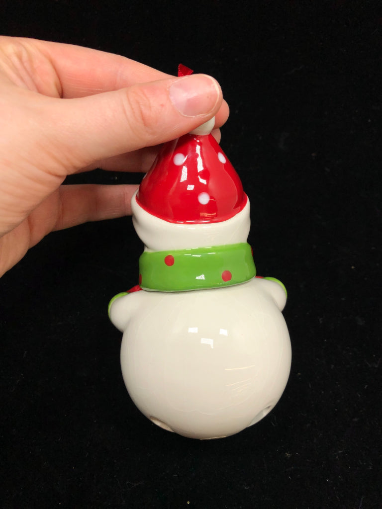 SNOWMAN LET IT KNOW CERAMIC BELL ORNAMENT.