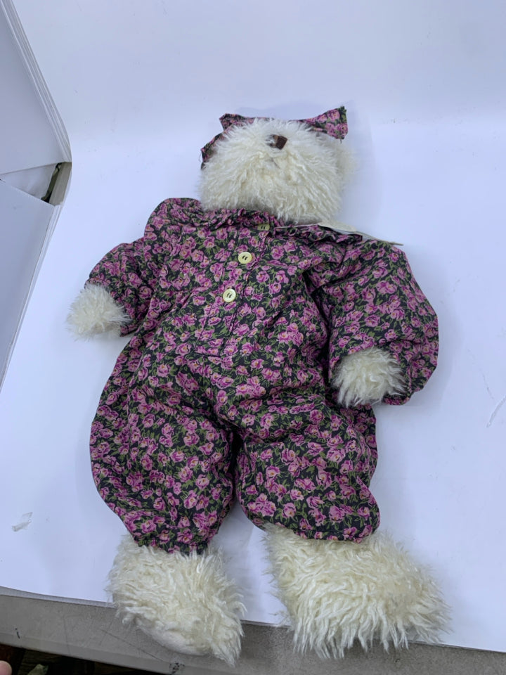 WHITE SHAG BEAR W/ DARK PURPLE FLORAL JUMPSUIT BOYDS BEAR.