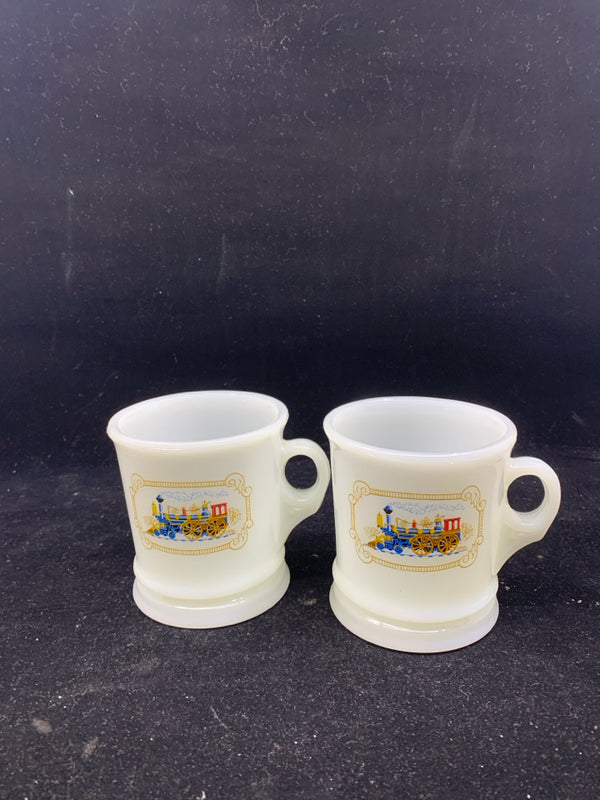 2 VTG AVON MILK GLASS TRAIN MUGS.