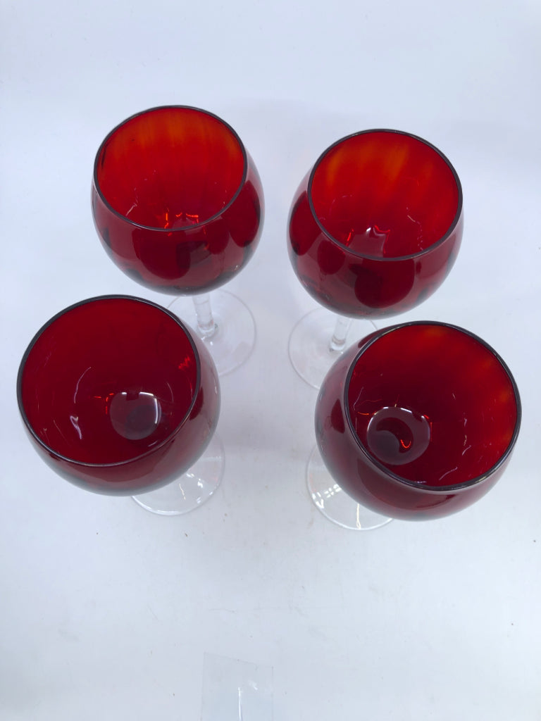 4 RED GLASS WINE GOBLETS.