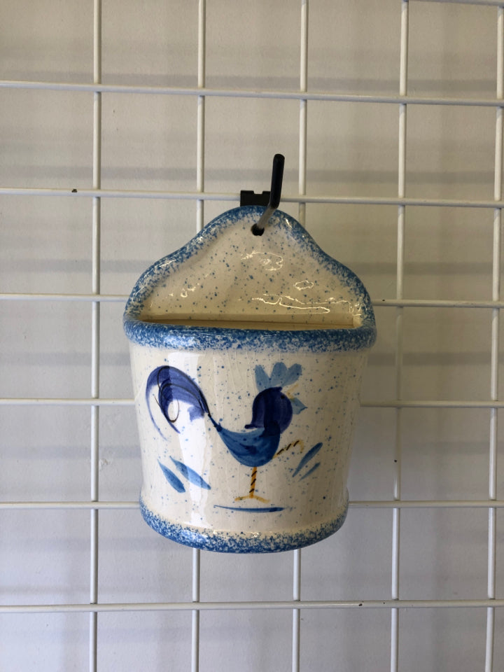 BLUE AND WHITE SPECKLED ROOSTER WALL POCKET.