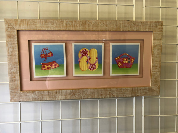 3 PINK BEACH ITEM DRAWINGS IN WHITE DISTRESSED FRAME.