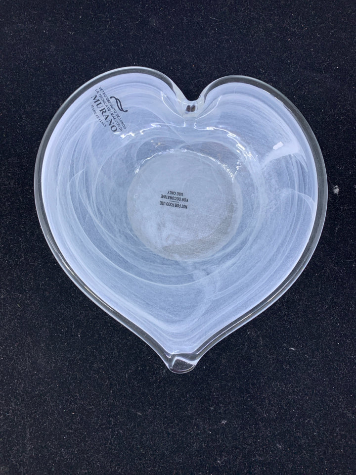 HEART CATCHALL MURANO GLASS  DISH W/ WHITE SWIRLS.