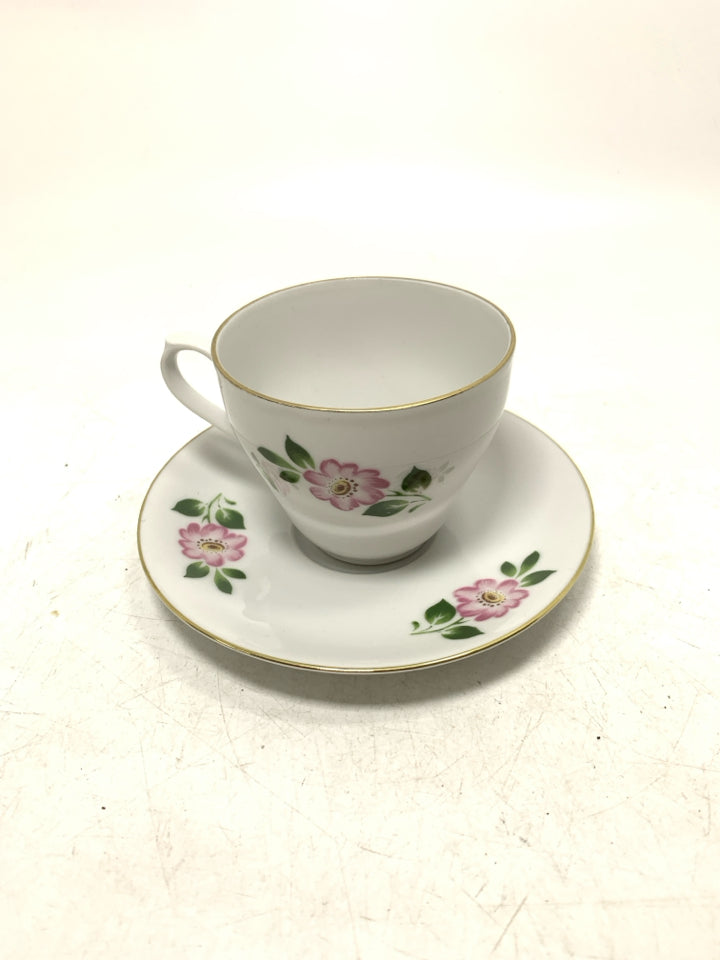 PINK FLOWERS GOLD RIM TEA CUP SAUCER.