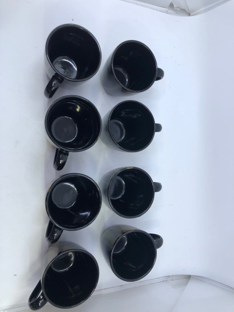 8 BLACK COFFEE MUGS W/TAN RED GREEN STRIPES.