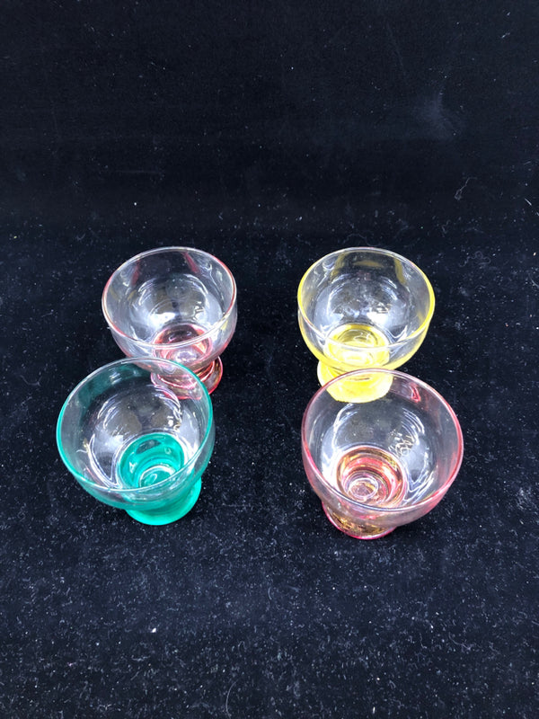 4 COLORED FOOTED SHOT GLASSES PINK/GREEN/YELLOW.