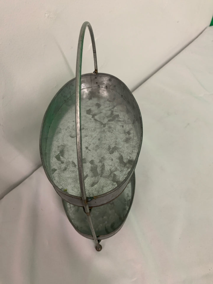 OVAL GALVANIZED METAL 2 TIER CENTERPIECE.