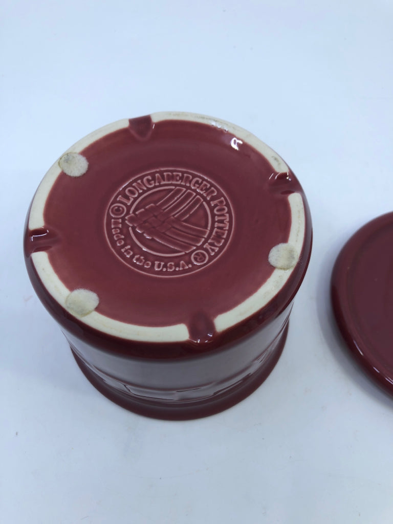 SMALL MAROON COVERED CROCK.