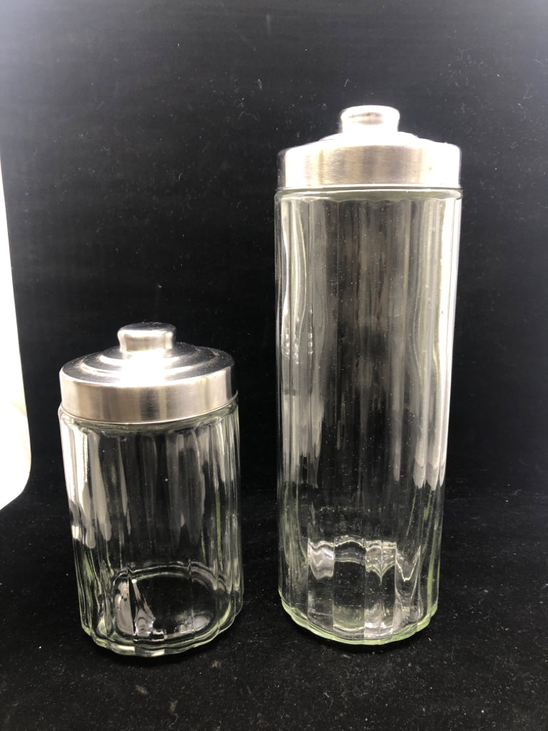 2 RIBBED GLASS CANISTER W/ METAL TOPS.