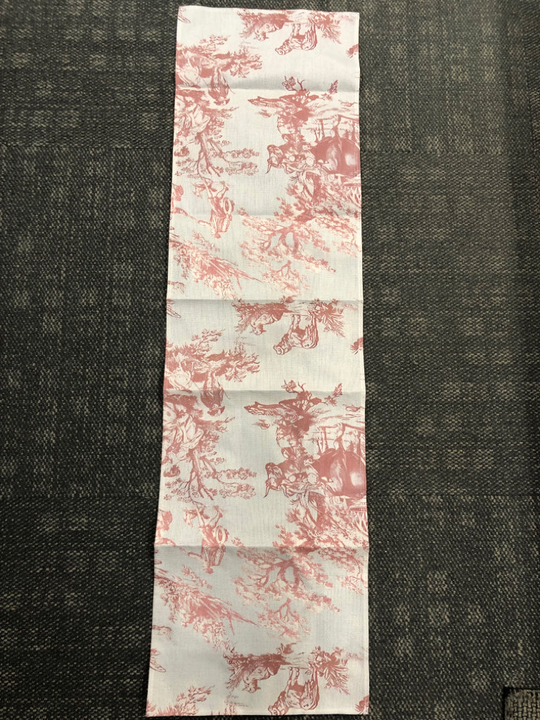 RED PRINTED TOILE OUTDOOR SCENE TABLE RUNNER.