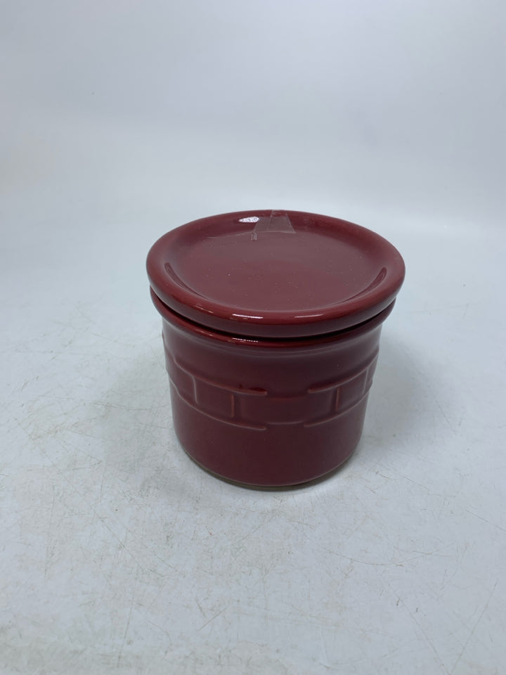 EMBOSSED BASKET WEAVE COVERED CROCK.
