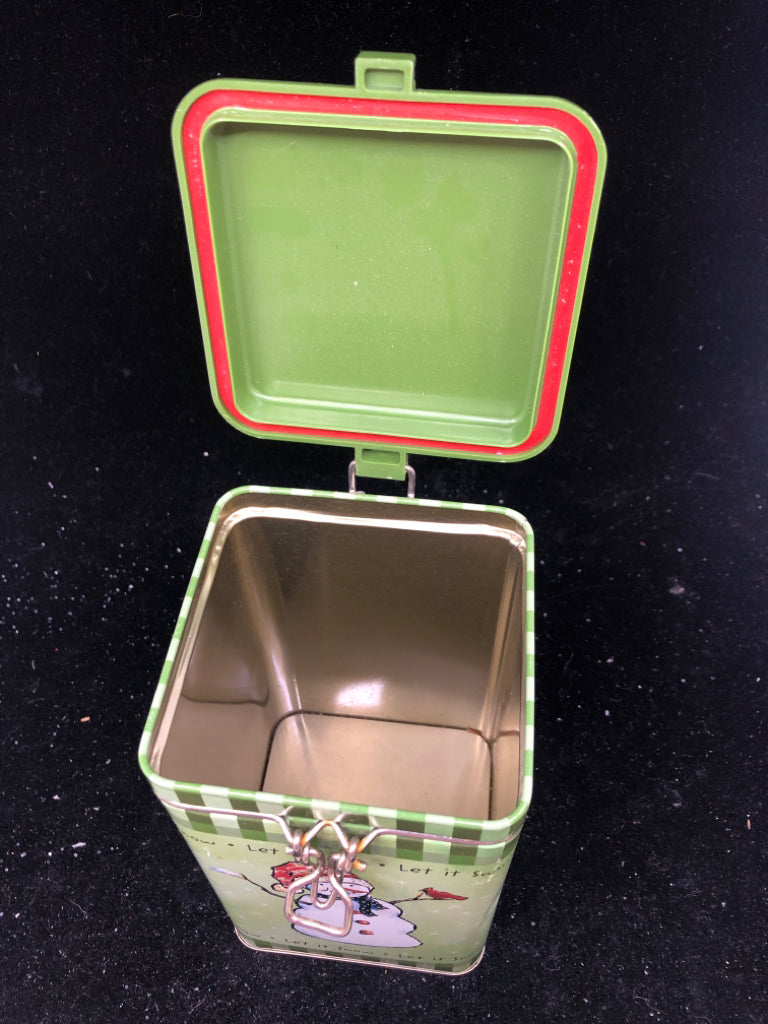 GREEN SNOWMAN METAL TIN.