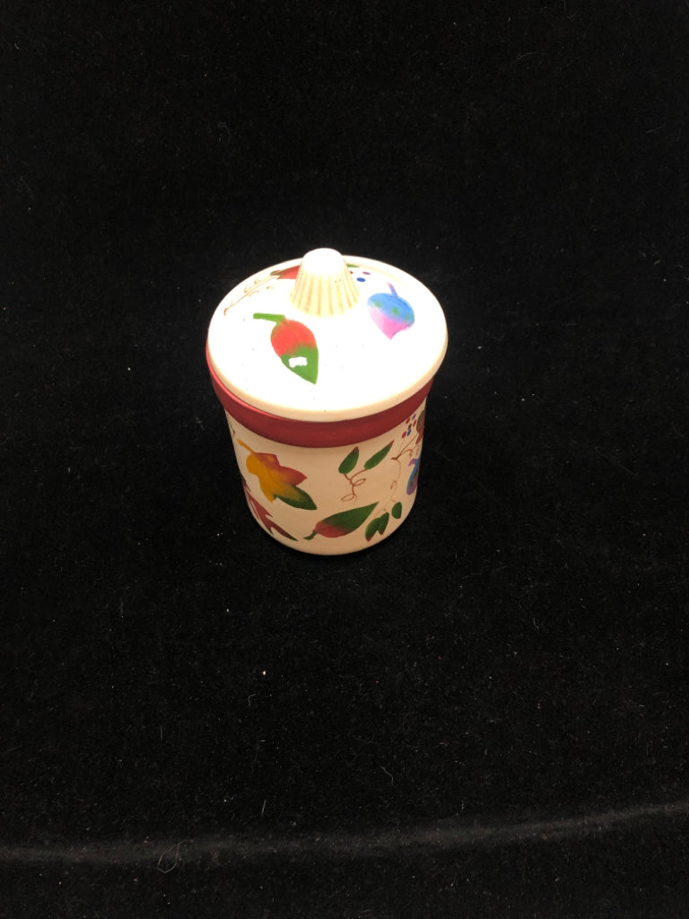 CERAMIC COLORFUL PAINTED LEAF JAR W LID.