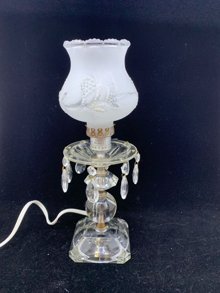 VTG FROSTED GLASS LAMP W JEWELS.
