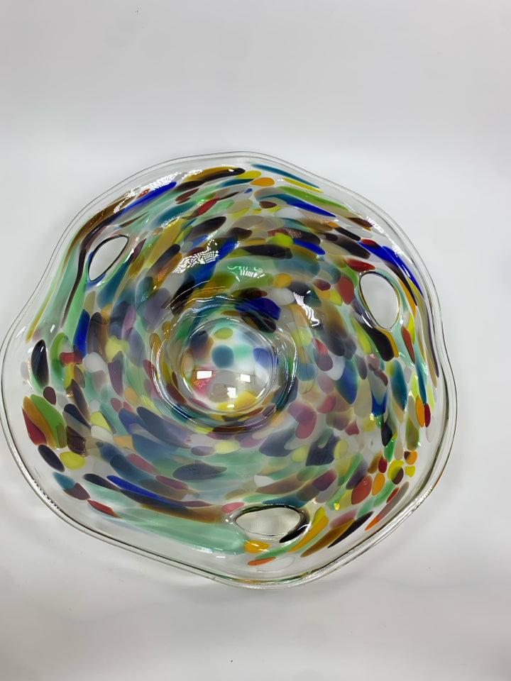 MULTI COLORED BLOWN GLASS BOWL.