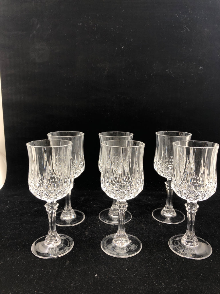 6 CUT GLASS WINE GLASSES.