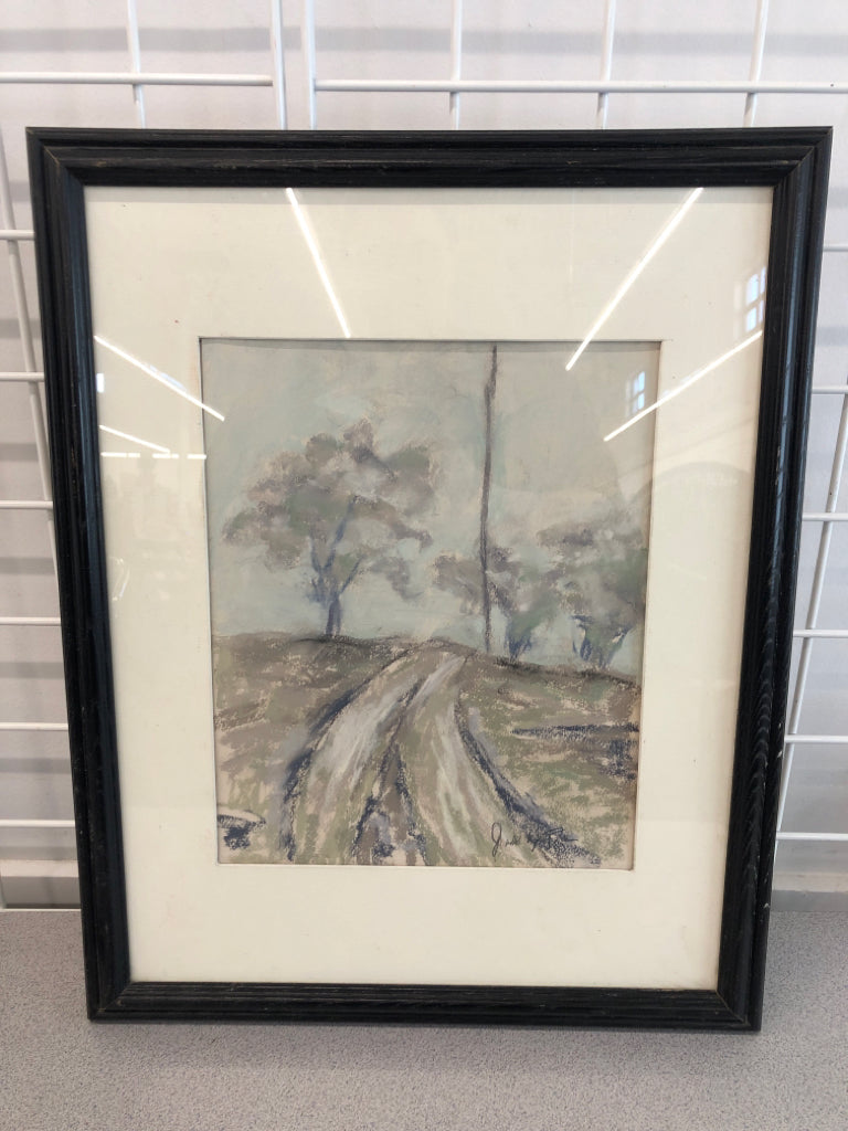 PASTEL PAINTED LANDSCAPE- SIGNED IN BLACK WOOD FRAME.