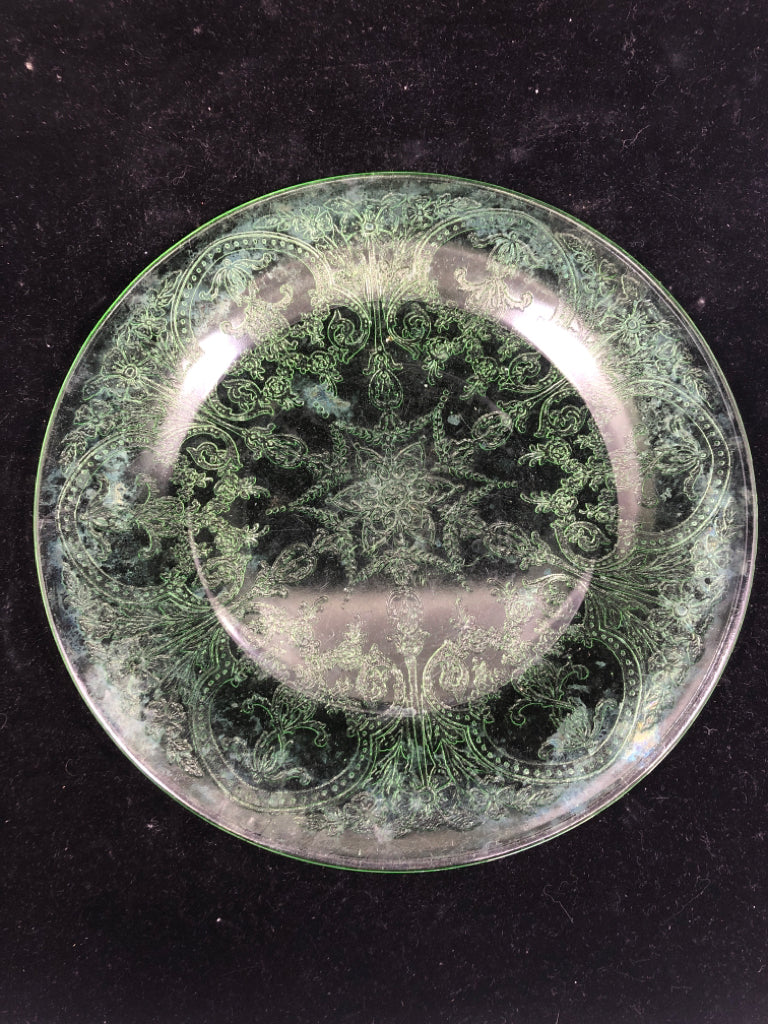 VTG GREEN ETCHED PRESSED GLASS SERVER.