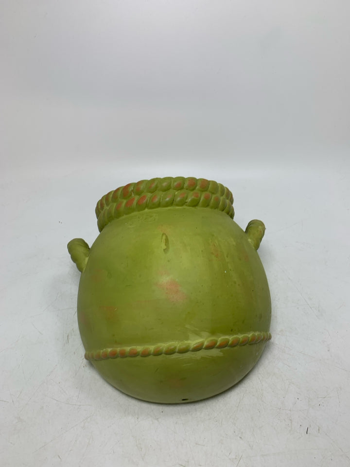 TERRA COTTA WALL VASE W/ BRAIDED HANDLES.