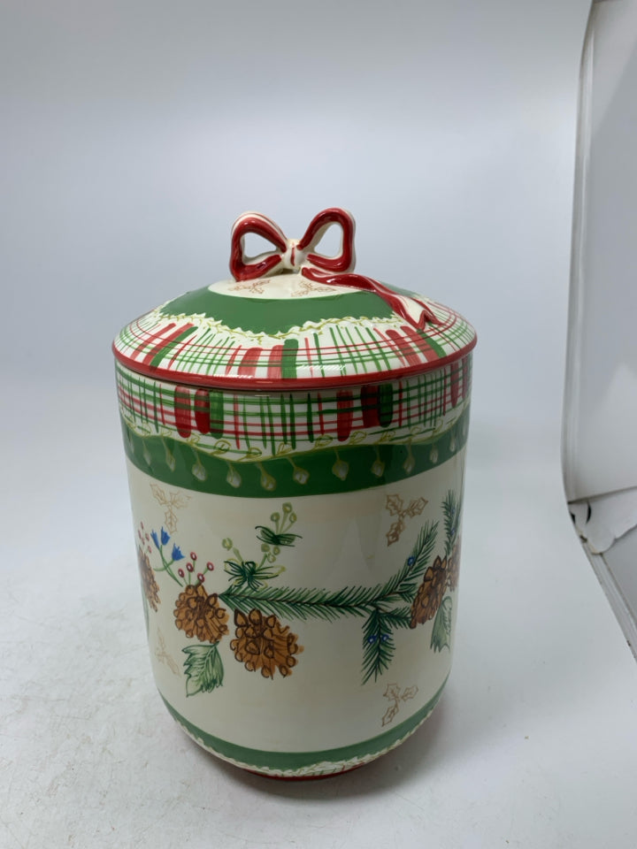 PLAID COOKIE JAR W/ PINECONES AND BOW HANDLE.