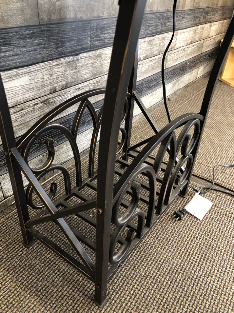 BLACK RECTANGLE SIDE TABLE W BOTTOM STORAGE AND ATTACHED LAMP.