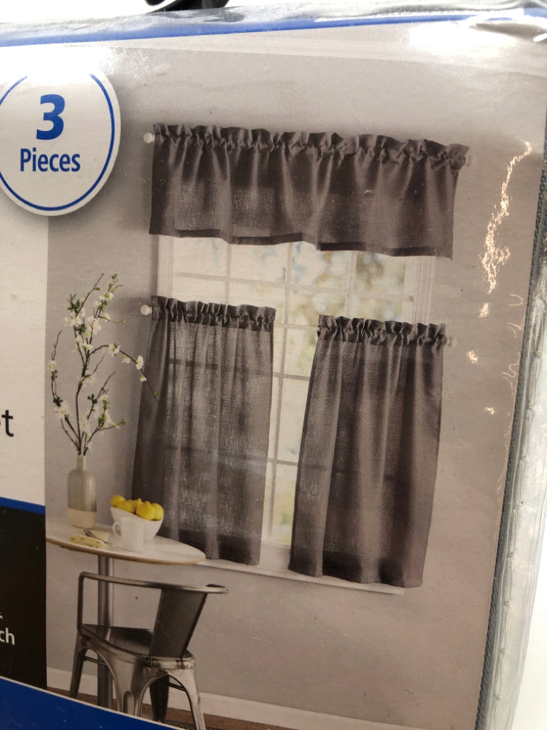 3 PC GRAY SMALL WINDOW SET - 1 VALANCE, 2 TIERS.