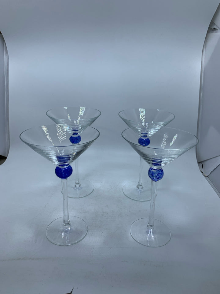 4 MARTINI GLASSES W/ BLOWN GLASS BLUE BALL.