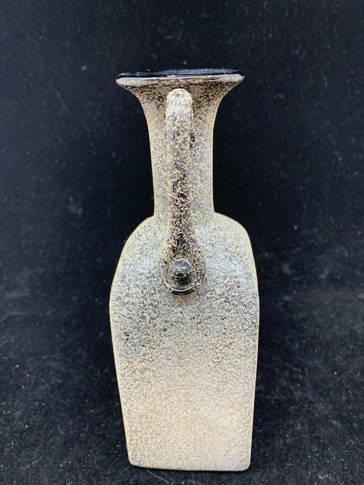TALL SQUARE BLACK GRAY GLASS VASE WITH 2 HANDLES.